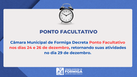 Câmara Municipal de Formiga decreta ponto facultativo nos dias 24 e 26 de dezembro