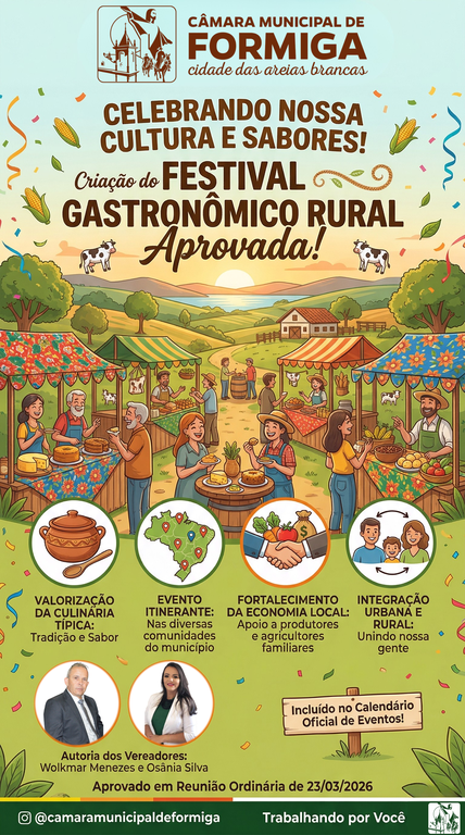 Câmara de Formiga aprova criação do Festival Gastronômico Rural no calendário oficial