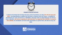 Câmara Municipal de Formiga decretou ponto facultativo nos dias 03 e 05 de março de 2025 - Publicado em: 25 de fevereiro de 2025