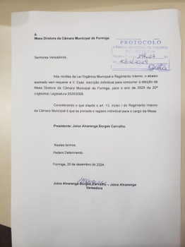 Encerradas as Inscrições para a Mesa Diretora da Câmara Municipal de Formiga para 2025 - Publicado em: 20 de dezembro de 2024 Encerradas as Inscrições para a Mesa Diretora da Câmara Municipal de Formiga para 2025 - Publicado em: 20 de dezembro de 2024
