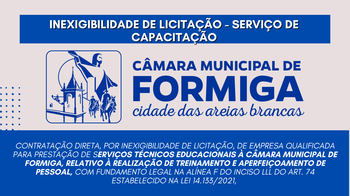 INEXIGIBILIDADE DE LICITAÇÃO – SERVIÇO DE CAPACITAÇÃO – Publicado em: 19 de agosto de 2024 INEXIGIBILIDADE DE LICITAÇÃO – SERVIÇO DE CAPACITAÇÃO – Publicado em: 19 de agosto de 2024
