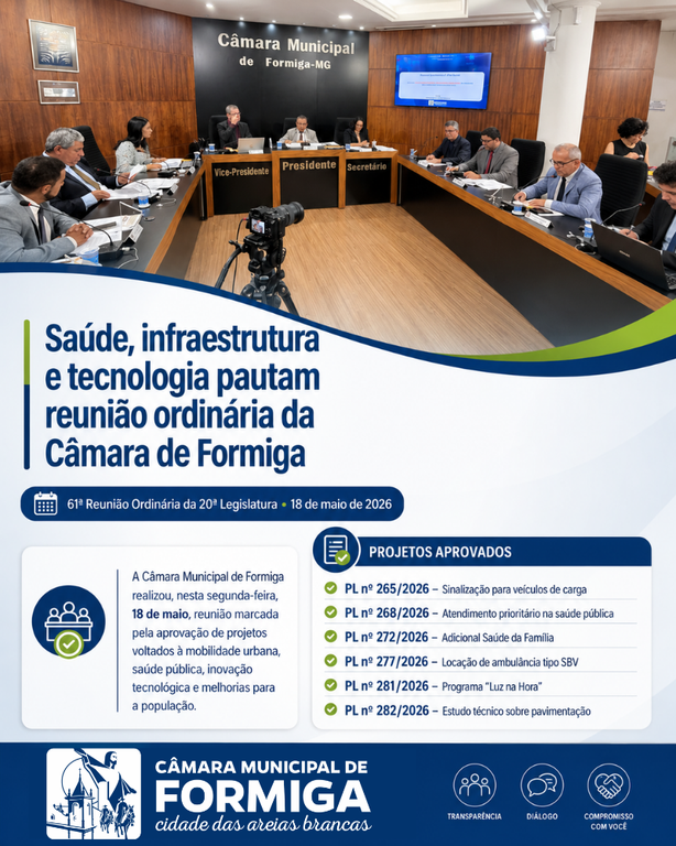 Saúde, Infraestrutura e tecnologia pautam reunião ordinária da Câmara de Formiga